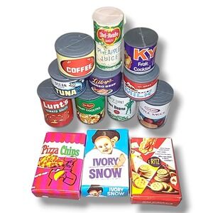 Vintage Amsco Miniature Dollhouse Food Lot 13 Cans 3 Boxes Japan Play Kitchen